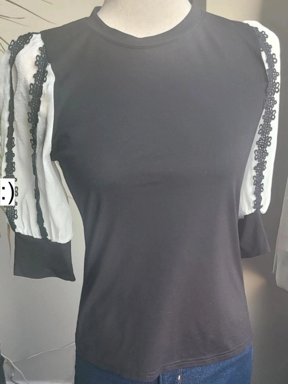 Gracia Black & White Puff Sleeve Blouse - Size Small - Chic Lace Detail Top